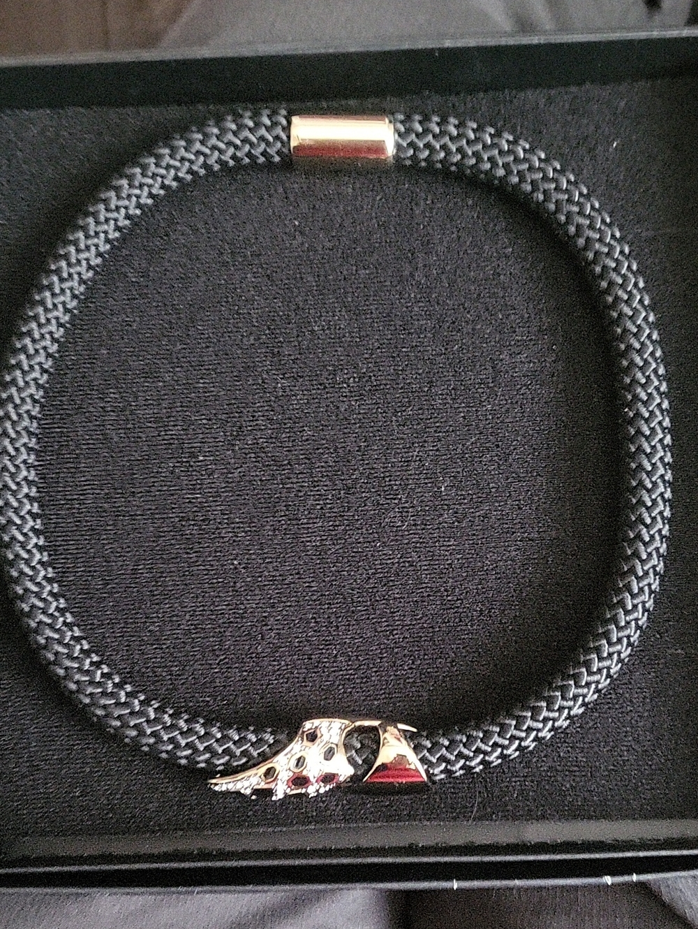 Black Braided Cord Choker Necklace with Gold Accent